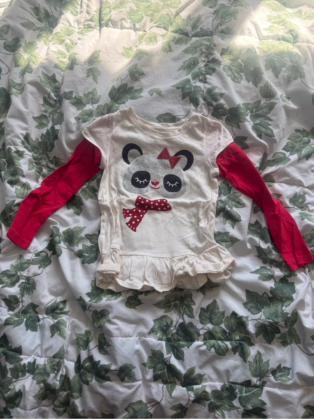 Toughskins Cream Long Sleeve Top with Red Sleeves and Panda Motif
